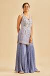 Buy_Nitika Gujral_Blue Kurta Raw Silk Embroidery Mukaish V Neck Floral Sharara Set _Online_at_Aza_Fashions