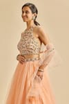 Nitika Gujral_Peach Lehenga And Dupatta Net Embroidery Floral Halter Waistband Blouse Set _Online_at_Aza_Fashions