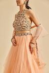 Buy_Nitika Gujral_Peach Lehenga And Dupatta Net Embroidery Floral Halter Waistband Blouse Set _Online_at_Aza_Fashions