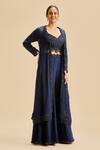 Buy_Nitika Gujral_Blue Georgette Embroidery Sequin Leaf Neck Jacket And Sharara Set _Online_at_Aza_Fashions