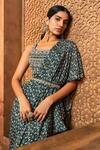 Buy_Aneesh Agarwaal_Blue Chiffon Print Ikat Scoop Neck Pre-draped Saree With Blouse _Online_at_Aza_Fashions