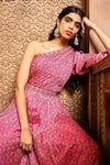 Aneesh Agarwaal_Pink Chiffon Printed Floral Asymmetric One Shoulder Jumpsuit _Online_at_Aza_Fashions