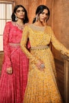 Aneesh Agarwaal_Yellow Chiffon Print Calico Flower Round Neck Draped Anarkali With Belt _Online_at_Aza_Fashions