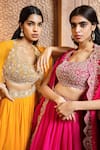 Buy_Aneesh Agarwaal_Yellow Soft Organza Embroidery Sequin Scoop Neck Placement Cape Lehenga Set_Online_at_Aza_Fashions