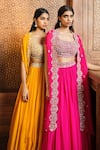 Shop_Aneesh Agarwaal_Yellow Soft Organza Embroidery Sequin Scoop Neck Placement Cape Lehenga Set_Online_at_Aza_Fashions