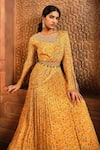 Shop_Aneesh Agarwaal_Yellow Chiffon Print Calico Flower Round Neck Draped Anarkali With Belt _Online_at_Aza_Fashions