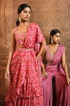 Buy_Aneesh Agarwaal_Pink Chiffon Print Flower Mandala V Neck Pre-draped Sharara Saree With Blouse_Online_at_Aza_Fashions