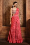 Aneesh Agarwaal_Red Chiffon Print Flower Square Neck Pre-draped Floral Sharara Saree Blouse Set _Online_at_Aza_Fashions