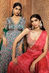 Shop_Aneesh Agarwaal_Red Chiffon Print Flower Square Neck Pre-draped Floral Sharara Saree Blouse Set _Online_at_Aza_Fashions