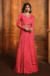 Aneesh Agarwaal_Red Chiffon, Organza, Linen Embroidery, Mirrors Floral Print Draped Anarkali _Online_at_Aza_Fashions