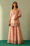 Angad Singh_Pink Raw Silk Embroidered Zardozi Leaf Neck Floral Kurta Sharara Set _Online_at_Aza_Fashions