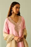 Angad Singh_Pink Silk Embroidered Floral V Neck Kasab And Tilla Work Kurta Palazzo Set _at_Aza_Fashions