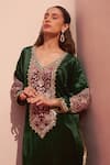 Shop_Angad Singh_Green Velvet Embroidered Floral V Neck Kurta Palazzo Set _Online_at_Aza_Fashions