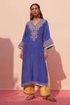 Angad Singh_Blue Lining Crepe Embroidered Zardozi V Neck Choga And Palazzo Set _Online_at_Aza_Fashions