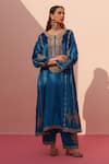 Shop_Angad Singh_Blue Velvet Embroidered Zardozi Round Choga Set _Online_at_Aza_Fashions