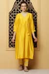 Kefi Collections_Yellow Kurta And Pant Silk Chanderi Plain V Neck Angana Angrakha Set _Online_at_Aza_Fashions