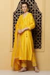 Shop_Kefi Collections_Yellow Kurta And Pant Silk Chanderi Plain V Neck Angana Angrakha Set _Online_at_Aza_Fashions