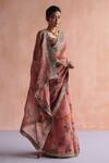 Shop_Archana Jaju_Pink Handwoven Organza Silk Hand Painted Crane And Floral Saree With Blouse _Online_at_Aza_Fashions