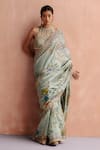 Shop_Archana Jaju_Blue Handwoven Light Silk Hand Painted Mosaic And Floral Saree With Blouse _Online_at_Aza_Fashions