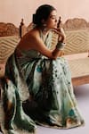 Archana Jaju_Blue Handwoven Light Silk Hand Painted Mosaic And Floral Saree With Blouse _at_Aza_Fashions