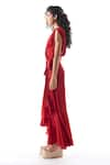 Aroka_Red Modal Satin Plain V Neck Rumba Overlap Draped Dress _Online_at_Aza_Fashions