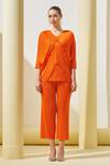 Pleats By Aruni_Orange Polyester Fringe V-neck Layered Top And Culotte Pant Set_Online_at_Aza_Fashions