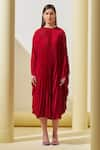 Pleats by Aruni_Red Crepe Plain Round Pleated Textured Cape Dress _Online_at_Aza_Fashions