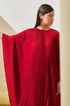 Shop_Pleats by Aruni_Red Crepe Plain Round Pleated Textured Cape Dress _Online_at_Aza_Fashions