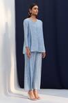 Pleats By Aruni_Blue Polyester V Neck Metallic Top And Culottes Set_Online_at_Aza_Fashions