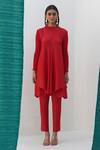 Pleats By Aruni_Red Polyester High Neck Crushed Sleeve Pleated Kurta And Pant Set_Online_at_Aza_Fashions