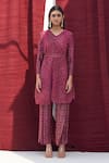 Pleats by Aruni_Red Polyester V Neck Metallic Pleated Long Top And Pant Set _Online_at_Aza_Fashions