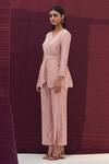 Pleats By Aruni_Pink Polyester V Neck Metallic Pleated Top And Pant Set_Online_at_Aza_Fashions