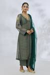 Itrh_Green Silk Tissue Placement Embroidery Gota Patti V Neck Leaf Vine Kurta Set _Online_at_Aza_Fashions