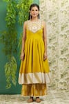 Shop_Alaya Advani_Yellow Cotton Embroidery Mirror And Thread Scoop Neck Yoke Anarkali & Palazzo Set 