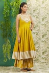 Alaya Advani_Yellow Cotton Embroidery Mirror And Thread Scoop Neck Yoke Anarkali & Palazzo Set _Online_at_Aza_Fashions