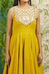 Alaya Advani_Yellow Cotton Embroidery Mirror And Thread Scoop Neck Yoke Anarkali & Palazzo Set _at_Aza_Fashions