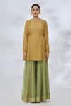 Itrh_Yellow Cotton, Silk Sequins, Zari Round Neck Chevron Pattern Tunic _Online_at_Aza_Fashions
