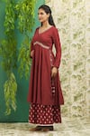 Shop_Alaya Advani_Red Cotton Embroidery Mirror And Thread V Neck Side Slit Kurta Palazzo Set _Online_at_Aza_Fashions