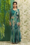 Alaya Advani_Green Muslin Silk And Organza Pre-draped Saree With Full Sleeve Blouse For Women_Online_at_Aza_Fashions