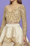 Shop_Neha Mehta Couture_Gold Heavy Satin Embroidery Sequin V Neck Blouse And Short Lehenga Set_Online_at_Aza_Fashions