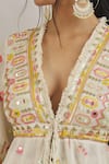 Buy_Gopi Vaid_Ivory Organic Cotton Embroidery Thread V Neck Heer Jacket Kurta With Skirt_Online_at_Aza_Fashions