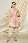 Buy_Gopi Vaid_Pink Kurta Tussar Silk Embroidery Embellished Neckline Tunic And Dhoti Pant Set_Online_at_Aza_Fashions
