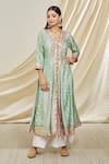 Shop_Gopi Vaid_Blue Tussar Silk Embroidery Tilla V Neck Floral Pattern Tunic _Online_at_Aza_Fashions