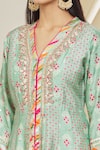 Gopi Vaid_Blue Tussar Silk Embroidery Tilla V Neck Floral Pattern Tunic _at_Aza_Fashions