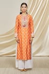 Gopi Vaid_Orange Tussar Silk Embellished Tilla Round Neckline Tunic _Online_at_Aza_Fashions