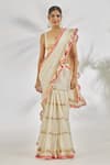 Shop_Gopi Vaid_Ivory Blouse Tussar Embroidery Thread Boat Sannah Ruffle Saree With  _at_Aza_Fashions