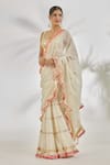 Shop_Gopi Vaid_Ivory Blouse Tussar Embroidery Thread Boat Sannah Ruffle Saree With  _Online_at_Aza_Fashions