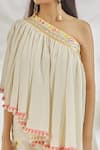 Shop_Gopi Vaid_Ivory Organic Cotton Embroidery Thread One Shoulder Top With Pant _Online_at_Aza_Fashions