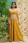 Alaya Advani_Yellow Cotton Print And Embroidery Floral Mirror Work Top & Wide Leg Pant Set _Online_at_Aza_Fashions