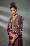 Aditi Somani_Wine Jumpsuit Silk Suede Hand Embroidered Sequins Jacket Open Pleated With _Online_at_Aza_Fashions